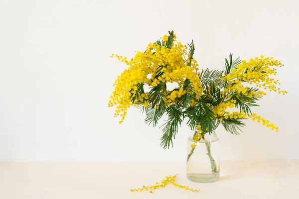 Een Ruiker Van Gele Mimosa Bloemen Een Glazen Vaas Het Rechtenvrije Stockfoto's