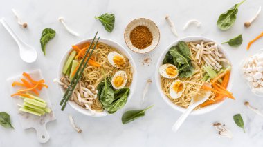 Vietnam Pho çorbası. Etrafı malzemelerle çevrili..