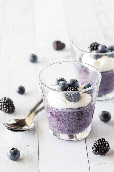 Homemade blueberry chia pudding parfaits ready for eating.