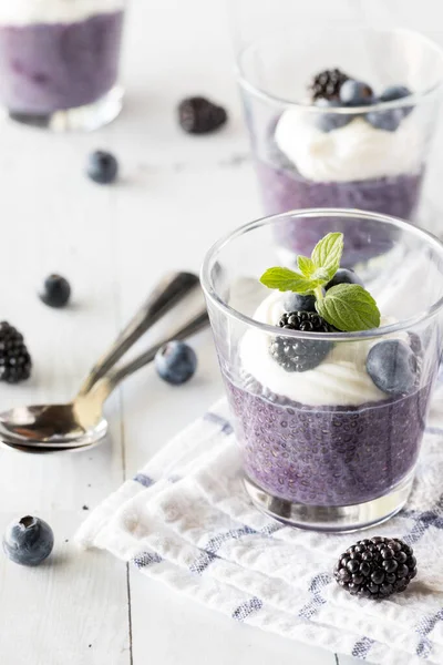 Hafif arka planda sağlıklı yaban mersinli puding. 