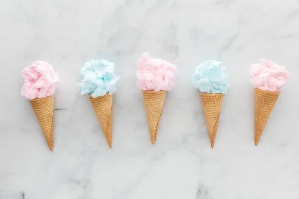 Row Waffle Cones Filled Sweet Cotton Candy — Fotografia de Stock