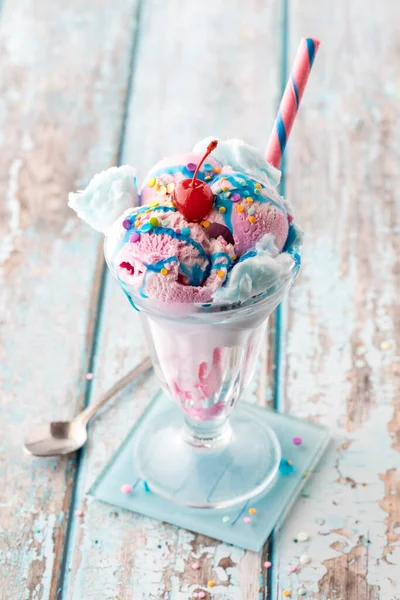 Delicious Cotton Candy Ice Cream Sundae Garnished Sprinkles Maraschino Cherry — 图库照片