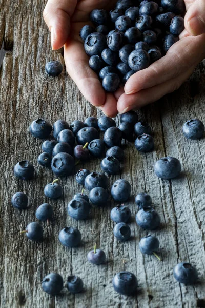 Hands Holding Pile Blueberries Many Spilled Out Front Rustic Wooden — Stock Photo, Image