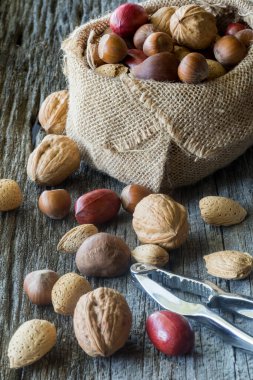 A mixture of whole nuts in a burlap sack with many spilled out in front, along with nutcrackers.