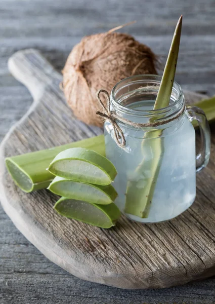 Refreshing Coconut Water Aloe Vera Pieces Rustic Board Ready Drinking — Fotografia de Stock