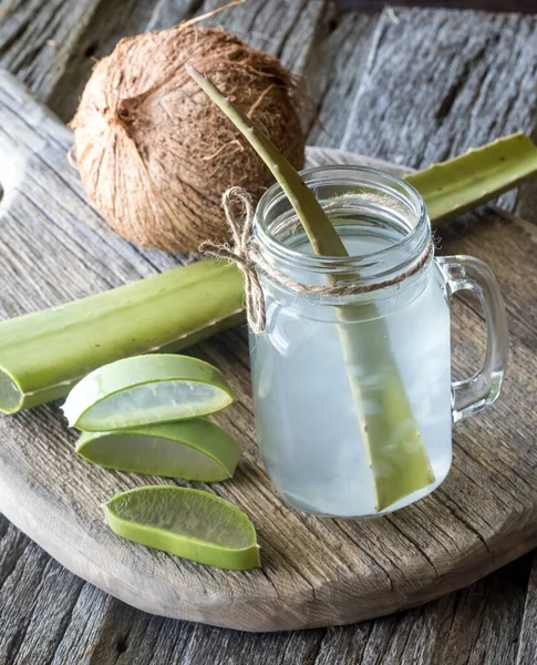 Close Coconut Water Aloe Vera Pieces Jar Ready Drinking — Fotografia de Stock
