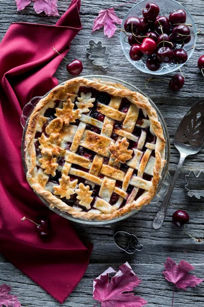 Top View Freshly Baked Lattice Cherry Pie Dark Rustic Wooden — Photo