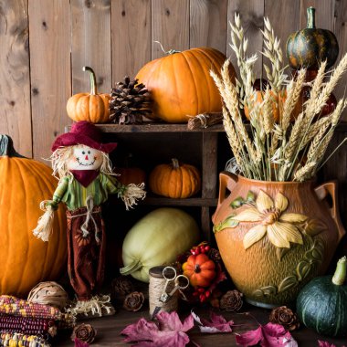 Parlak renkli bir sonbahar, ahşap bir arka planda durgun bir yaşam düzeni.. 