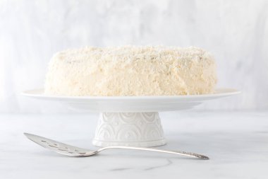 Önünde klasik sunucusu olan, arka planda hafif bir hindistan cevizi kaplı bir pasta..