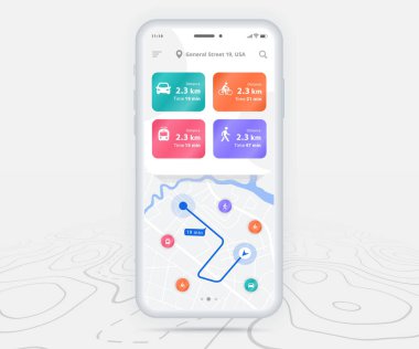 Harita GPS navigasyon ux ui kavramı, Smartphone harita uygulaması ve hedef nokta ekranda, Uygulama haritası navigasyon, Teknoloji haritası, Şehir navigasyon haritaları, Şehir sokağı, izleme, konum, Vector