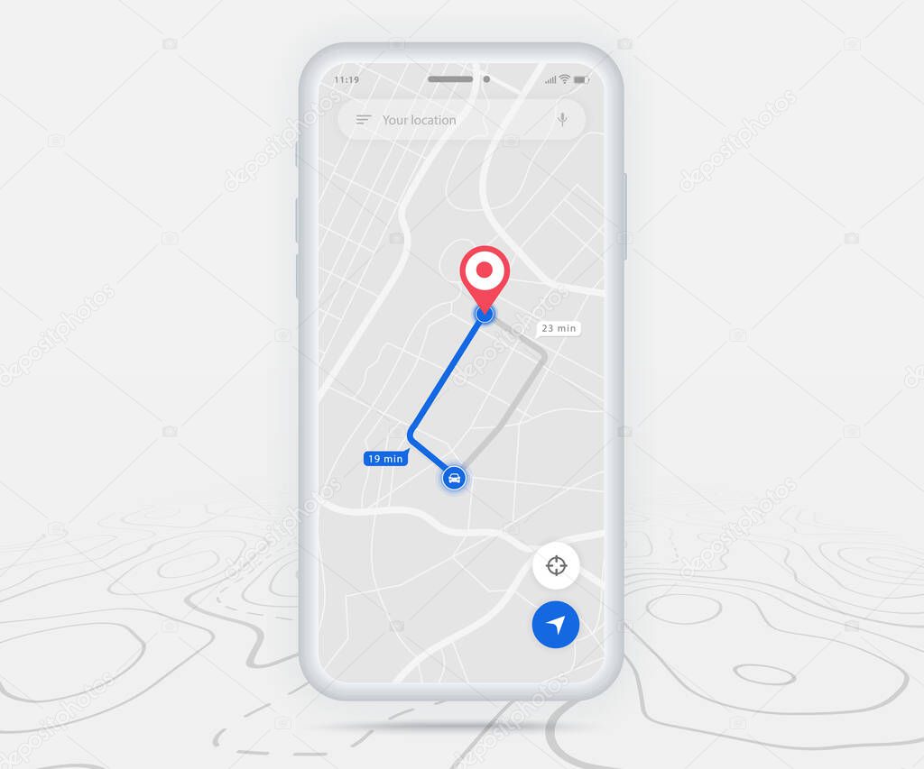 Map GPS navigation ux ui concept, Smartphone map application  destination point on screen, App search map navigate, Technology map, City navigation maps, delivery rider, street, track, location vector