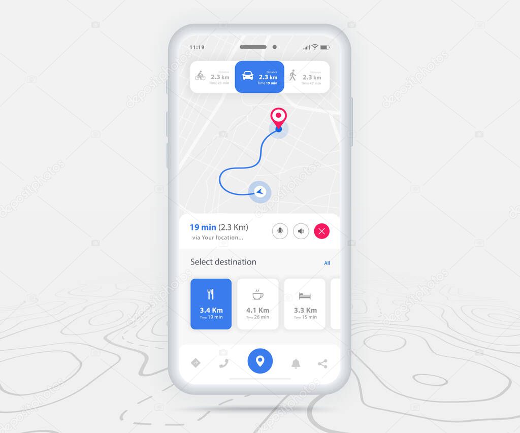 Map GPS navigation ux ui concept, Smartphone map application  destination point on screen, App search map navigate, Technology map, City navigation maps, delivery rider, street, track, location vector