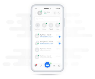 Sohbet UI Uygulama Tasarımı Konsepti, Sosyal Ağ Haberleşme Servisi Ekran Şablonu, Cep Telefonu Canlı Sohbet Kutuları, Ekranda Akıllı Telefon Uygulaması, Vector Düz Stil İllüstrasyonu, UX UI