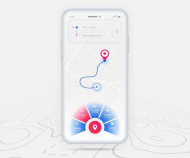 Harita GPS navigasyon ux ui kavramı, Smartphone harita uygulama hedef noktası ekranda, Uygulama haritası navigasyon, Teknoloji haritası, Şehir navigasyon haritaları, dağıtım sürücüsü, sokak, iz, konum vektörü