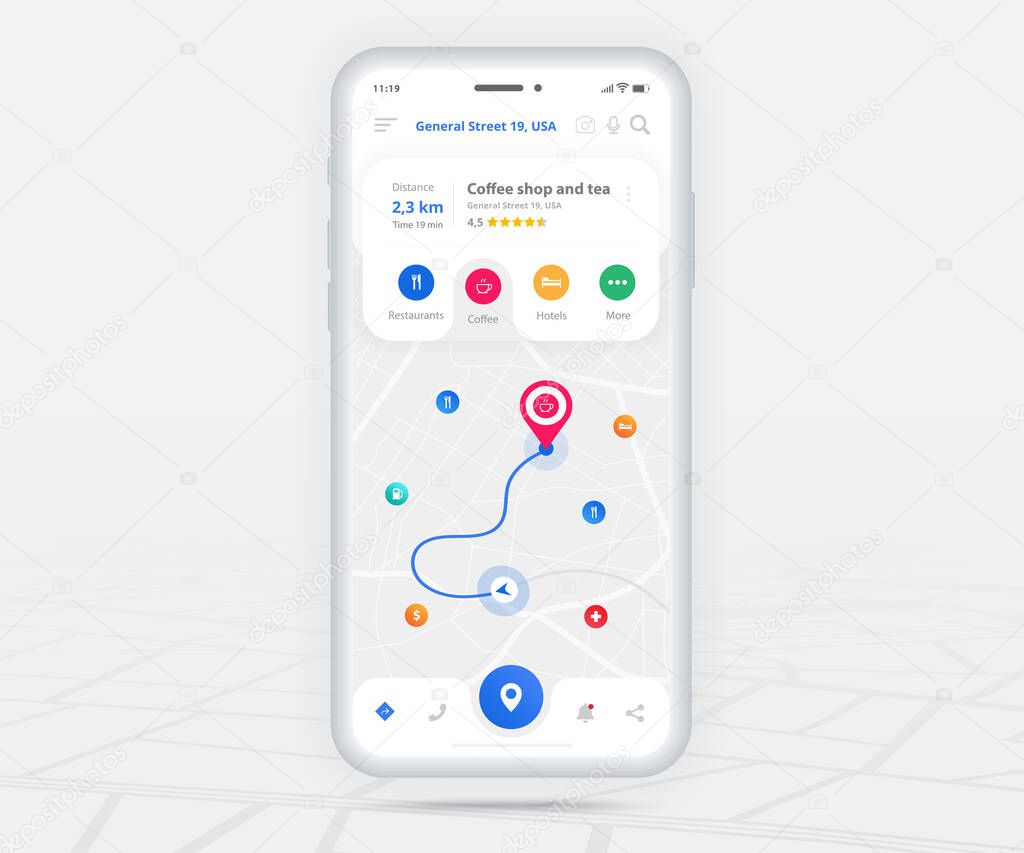 Map GPS navigation ux ui concept, Smartphone map application and destination pinpoint on screen, App search map navigate, Technology map, City navigation maps, City street, tracking, location, Vector