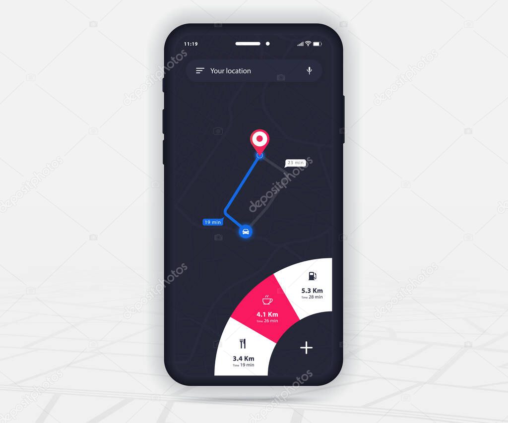 Map GPS navigation app ux ui concept, Mobile map application, Smartphone App search map navigation, Technology map, City navigation maps, City street, gps tracking, Location tracker, Vector