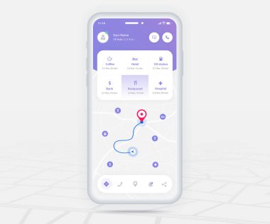 Harita GPS navigasyon uygulaması ux ui konsepti, Mobil harita uygulaması, Akıllı Telefon Uygulaması arama haritası navigasyonu, Teknoloji haritası, Şehir navigasyon haritaları, Şehir sokağı, GPS izleme, konum izleyici, Vektör