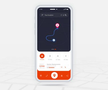 Harita GPS navigasyon uygulaması ux ui konsepti, Mobil harita uygulaması, Akıllı Telefon Uygulaması arama haritası navigasyonu, Teknoloji haritası, Şehir navigasyon haritaları, Şehir sokağı, GPS izleme, konum izleyici, Vektör