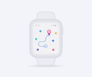 Smartwatch Haritası GPS navigasyon uygulaması ux ui konsepti, İzleme haritası uygulaması, Uygulama haritası navigasyonu, Teknoloji haritası, Şehir navigasyon haritaları, Şehir sokağı, GPS izleme, konum izleyici, Vektör çizimi