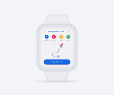 Smartwatch Haritası GPS navigasyon uygulaması ux ui konsepti, saat haritası uygulaması, Uygulama haritası kol saati, Teknoloji haritası, Şehir navigasyon bileği, şehir sokağı, GPS izleme, konum izleyici, Vektör çizimi