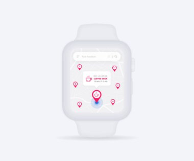 Smartwatch Haritası GPS navigasyon uygulaması ux ui konsepti, saat haritası uygulaması, Uygulama haritası kol saati, Teknoloji haritası, Şehir navigasyon bileği, şehir sokağı, GPS izleme, konum izleyici, Vektör çizimi