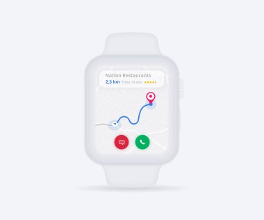 Smartwatch Haritası GPS navigasyon uygulaması ux ui konsepti, saat haritası uygulaması, Uygulama haritası kol saati, Teknoloji haritası, Şehir navigasyon bileği, şehir sokağı, GPS izleme, konum izleyici, Vektör çizimi