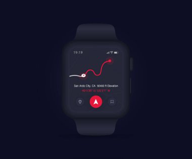 Smartwatch Haritası GPS navigasyon uygulaması ux ui konsepti, saat haritası uygulaması, Uygulama haritası kol saati, Teknoloji haritası, Şehir navigasyon bileği, şehir sokağı, GPS izleme, konum izleyici, Vektör çizimi