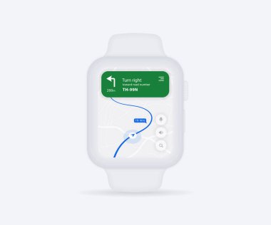 Smartwatch Haritası GPS navigasyon uygulaması ux ui konsepti, saat haritası uygulaması, Uygulama haritası kol saati, Teknoloji haritası, Şehir navigasyon bileği, şehir sokağı, GPS izleme, konum izleyici, Vektör çizimi