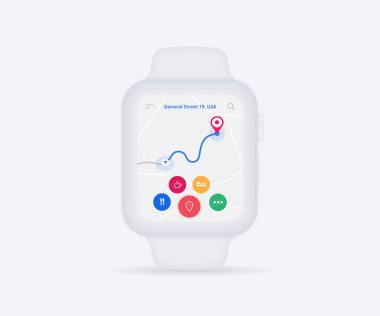 Smartwatch Haritası GPS navigasyon uygulaması ux ui konsepti, saat haritası uygulaması, Uygulama haritası kol saati, Teknoloji haritası, Şehir navigasyon bileği, şehir sokağı, GPS izleme, konum izleyici, Vektör çizimi