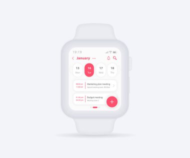 Smartwatch takvim planlama uygulaması konsepti, etkinlik takvimi UI UX, Kol Saati takvimi takvimi takvimi takvimi takvimi yıllık toplantı uygulaması, takvim etkinlikleri, Randevu, Olay uygunluğu, Vektör