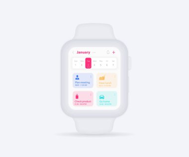 Smartwatch takvim planlama uygulaması konsepti, etkinlik takvimi UI UX, Kol Saati takvimi takvimi takvimi takvimi takvimi yıllık toplantı uygulaması, takvim etkinlikleri, Randevu, Olay uygunluğu, Vektör