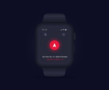 Smartwatch Harita GPS navigasyon uygulaması ux ui, saat haritası uygunluk uygulaması, Uygulama haritası kol saati, Teknoloji haritası, Şehir navigasyon bileği, şehir sokağı, GPS izleme, konum izleyici, Vektör çizimi