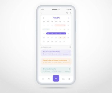Mobil uygulama takvim planlayıcı kavramı, Atanma takvimi şablonu UI UX, Akıllı Telefon takvimi takvimi takvim takvimi yıllık planlama uygulaması, Takvim olayları, Etkinlik, Olay uygulaması, Vektör telefonu