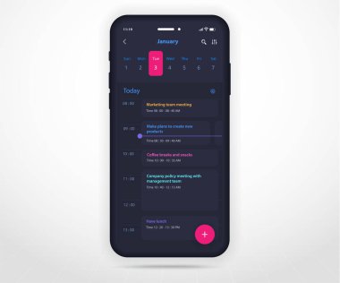 Mobil uygulama takvim planlayıcı kavramı, Atanma takvimi şablonu UI UX, Akıllı Telefon takvimi takvimi takvim takvimi yıllık planlama uygulaması, Takvim olayları, Etkinlik, Olay uygulaması, Vektör telefonu