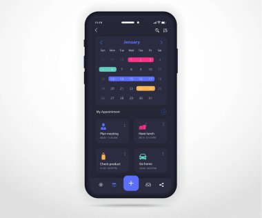 Mobil uygulama takvim planlayıcı kavramı, Atanma takvimi şablonu UI UX, Akıllı Telefon takvimi takvimi takvim takvimi yıllık planlama uygulaması, Takvim olayları, Etkinlik, Olay uygulaması, Vektör telefonu