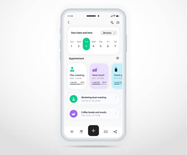 Mobil uygulama takvim planlayıcı kavramı, Atanma takvimi şablonu UI UX, Akıllı Telefon takvimi takvimi takvim takvimi yıllık planlama uygulaması, Takvim olayları, Etkinlik, Olay uygulaması, Vektör telefonu