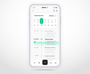 Mobil uygulama takvim planlayıcı kavramı, Atanma takvimi şablonu UI UX, Akıllı Telefon takvimi takvimi takvim takvimi yıllık planlama uygulaması, Takvim olayları, Etkinlik, Olay uygulaması, Vektör telefonu