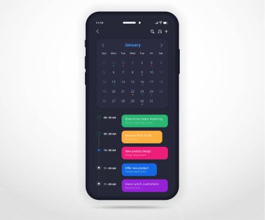 Mobil uygulama takvim planlayıcı kavramı, Atanma takvimi şablonu UI UX, Akıllı Telefon takvimi takvimi takvim takvimi yıllık planlama uygulaması, Takvim olayları, Etkinlik, Olay uygulaması, Vektör telefonu