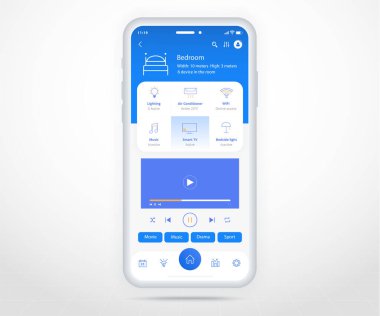 Akıllı telefon akıllı ev kontrollü uygulama UX UI, IOT şeyler interneti teknoloji, Dijital gelecekteki ev otomasyon teknolojisi, akıllı cihazlar uygulama telefonu, Wifi TV ısıtma havası, vektör illüstrasyonu