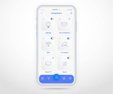 Akıllı telefon akıllı ev kontrollü uygulama UX UI, IOT şeyler interneti teknoloji, Dijital gelecek ev otomasyon teknolojisi, akıllı cihazlar uygulama telefonu, Wifi cTV ısıtma havası aydınlatma, vektör ilüstrasyonu