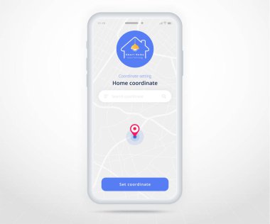 Akıllı telefon akıllı ev haritası GPS arama kontrollü UX UI, IOT internet şeyler teknolojisi, ev koordinatları, Dijital gelecek ev otomasyon teknolojisi, akıllı cihazlar uygulama telefonu, vektör illüstrasyonu