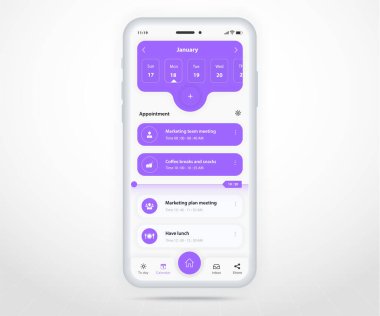 Mobil uygulama takvim planlayıcı kavramı, Atanma takvimi şablonu UI UX, Akıllı Telefon takvimi takvimi takvim takvimi yıllık planlama uygulaması, Takvim olayları, Etkinlik, Olay uygulaması, Vektör telefonu
