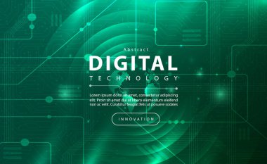 Dijital teknoloji pankartı yeşil arka plan konsepti ile teknoloji ışık efekti, soyut teknoloji, yenilik gelecekteki veriler, internet ağı, Ai büyük veri, çizgi noktaları bağlantısı, illüstrasyon vektörü