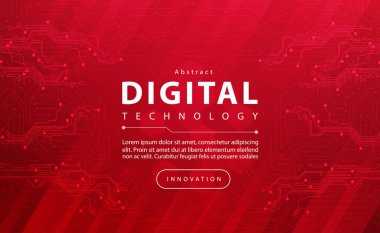 Teknolojik ışık efektli dijital teknoloji pankartı kırmızı arka plan konsepti, soyut siber teknoloji, yenilik gelecek verileri, internet ağı, Ai büyük veri, çizgi noktaları bağlantısı, illüstrasyon vektörü