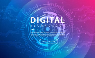 Dijital teknoloji pankartı mavi pembe arka plan konsepti, teknoloji açık mor efekt, soyut teknoloji, yenilik gelecek verileri, internet ağı, Ai büyük veri, çizgi noktaları bağlantısı, illüstrasyon vektörü