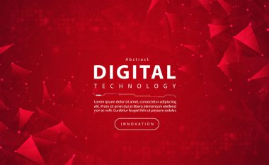 Teknolojik ışık efektli dijital teknoloji pankartı kırmızı arka plan konsepti, soyut siber teknoloji, yenilik gelecek verileri, internet ağı, Ai büyük veri, çizgi noktaları bağlantısı, illüstrasyon vektörü