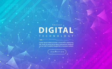 Dijital teknoloji afişi pembe mavi arkaplan, medya siber teknolojisi mor efekt, soyut teknoloji, yenilik geleceği, internet ağı, Ai büyük veri, çizgi noktaları bağlantısı, illüstrasyon vektörü