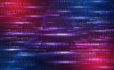 Hacker veri güvenliği teknolojisi mavi arka plan, veri güvenliği hırsızlığı, suç güvenlik dijital teknolojisi, soyut gizlilik yüksek teknoloji ikili kod, virüs saldırısı verileri, internet ağı bağlantısı, illüstrasyon vektörü