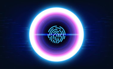 Dijital teknoloji parmak izi tarayıcısı mavi arkaplan, siber güvenlik erişimi gizlilik, soyut teknoloji yeniliği gelecek veriler, suç hacker büyük veri kasası, ağ bağlantısı güvenli, illüstrasyon vektörü