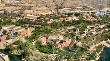 Benidorm, Spain - August 2022: Panoramic view of Terra Mitica amusement park, which is divided into five themed zones: Egypt, Greece, Rome, Iberia, and the Mediterranean Islands